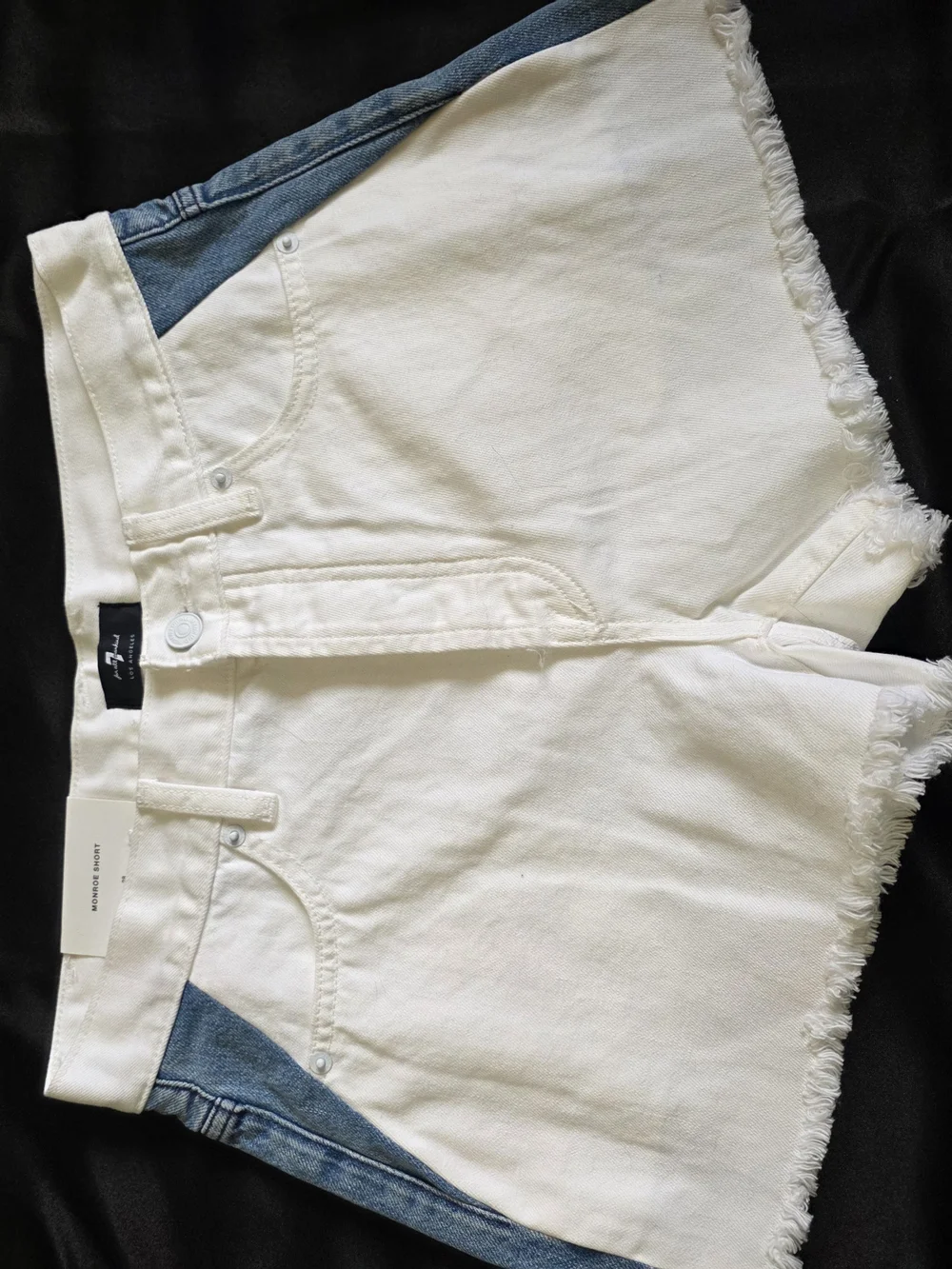7 For All Man Kind Monroe White And Blue Denim Shorts